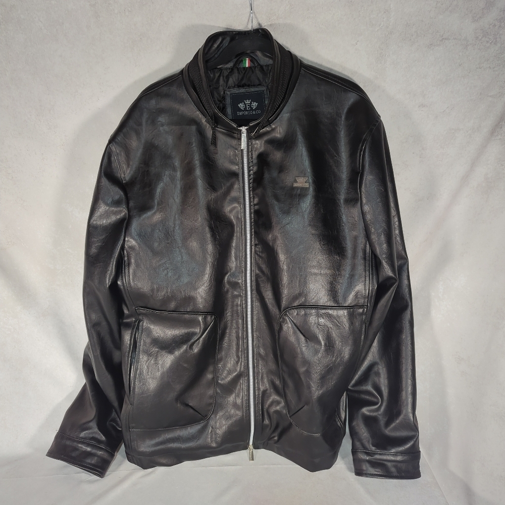 Emporio & Co Men's XL Italian Black Faux Leather Bomber Jacket